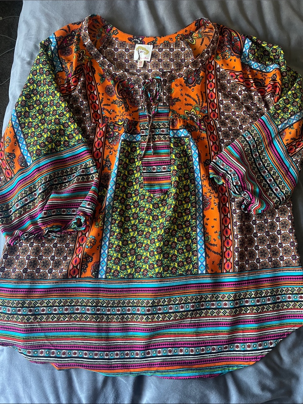 fig and flower Orange Multi Boho Floral Patchwork Peasant Tunic